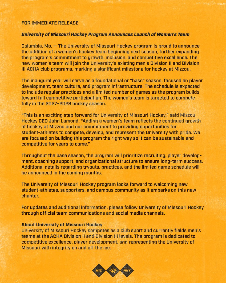 The University of Missouri Hockey program is proud to announce the addition of a women’s hockey team beginning next season, further expanding the program’s commitment to growth, inclusion, and competitive excellence.🐯🏒
