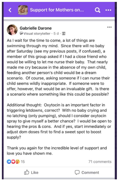 PatrickAbrazos's tweet image. Gabrielle Darone es un trava que fingió estar embarazado durante más de 37 semanas, tomando drogas para simular contracciones y estimular generación de leche "materna".

Pero eso no es lo peor. Lo peor viene ahora:

Se metió en un grupo de apoyo a mujeres embarazadas y madres…