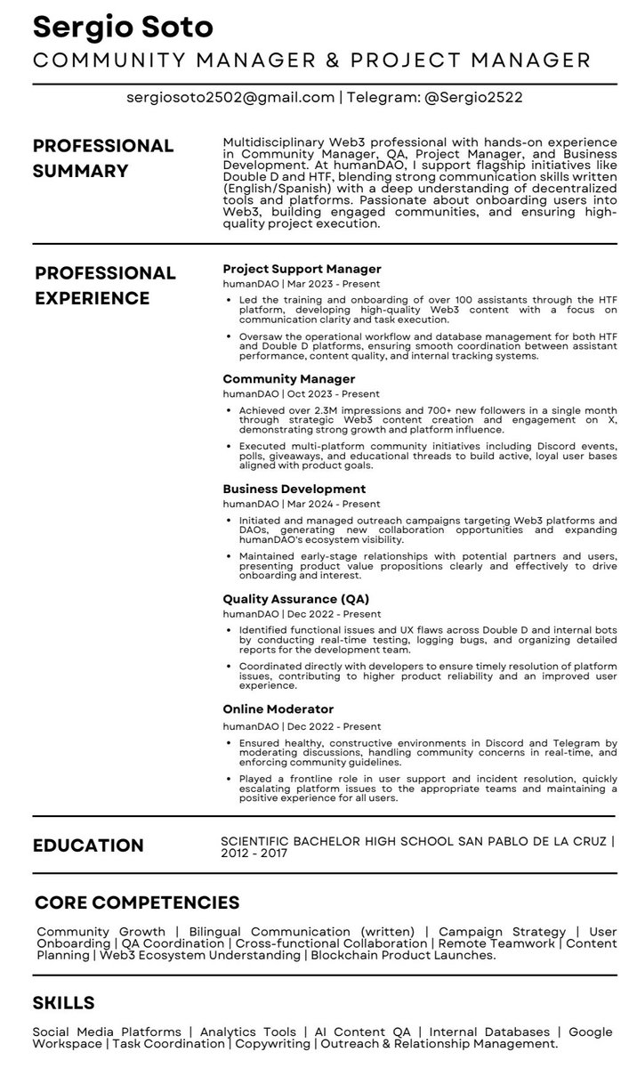 hoy por Sergio, mañana por ti

este usuario lleva buscando trabajo durante todo el año.

está en un punto de quiebre y hablando con el decidimos hacer este intento de que se vuelva viral su CV a ver si algún empleador le resuena su perfil🙏

no te cuesta nada hacer repost🤍