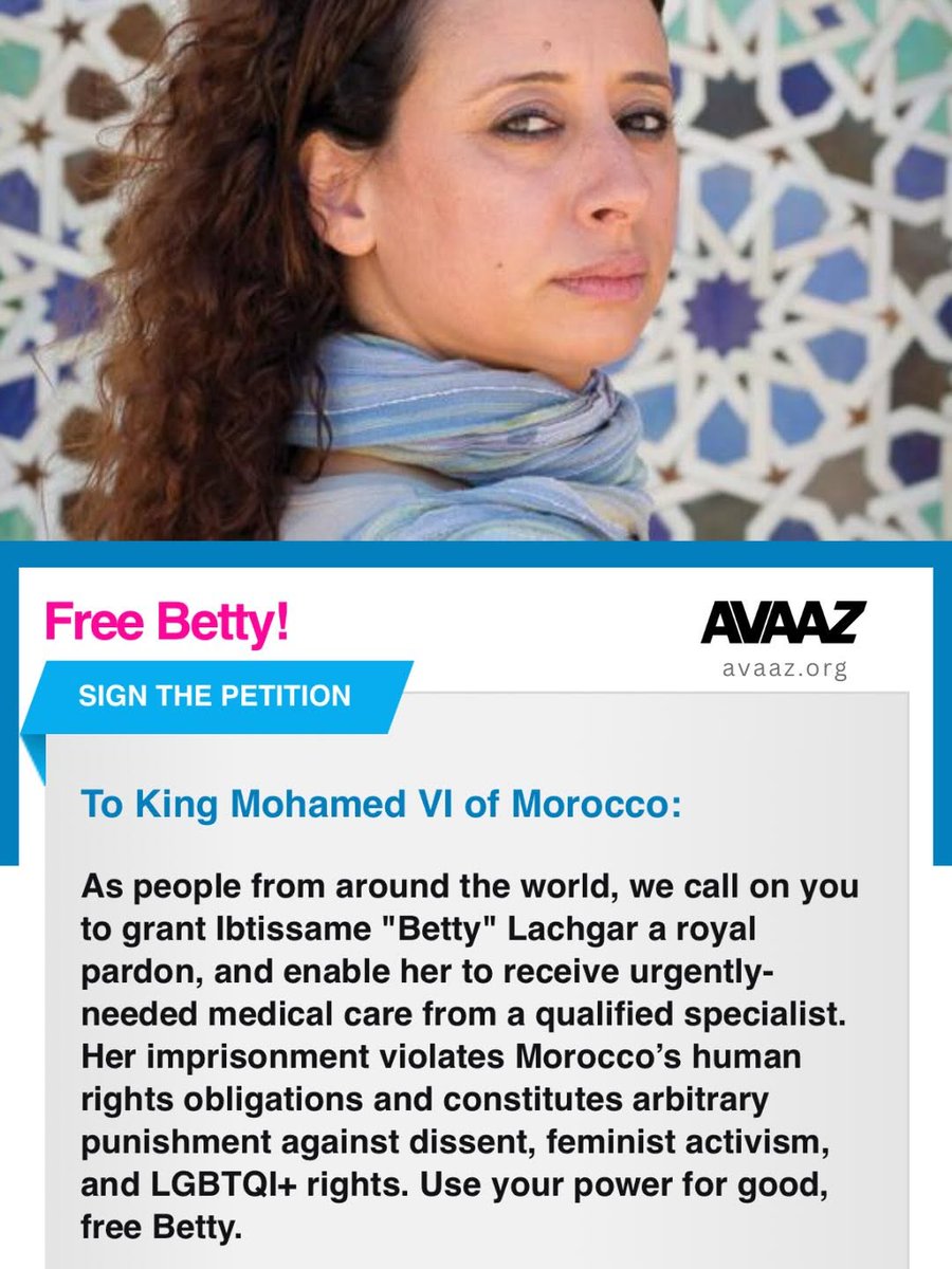 MaryamNamazie's tweet image. Join over 100,000 people worldwide calling to #FreeBetty

In collaboration with #FreeBetty coalition, @Avaaz launched petition urging King of Morocco to grant @IbtissameBetty royal pardon. Add your name today: secure.avaaz.org/campaign/en/fr…

Intl attention can save Betty’s life.