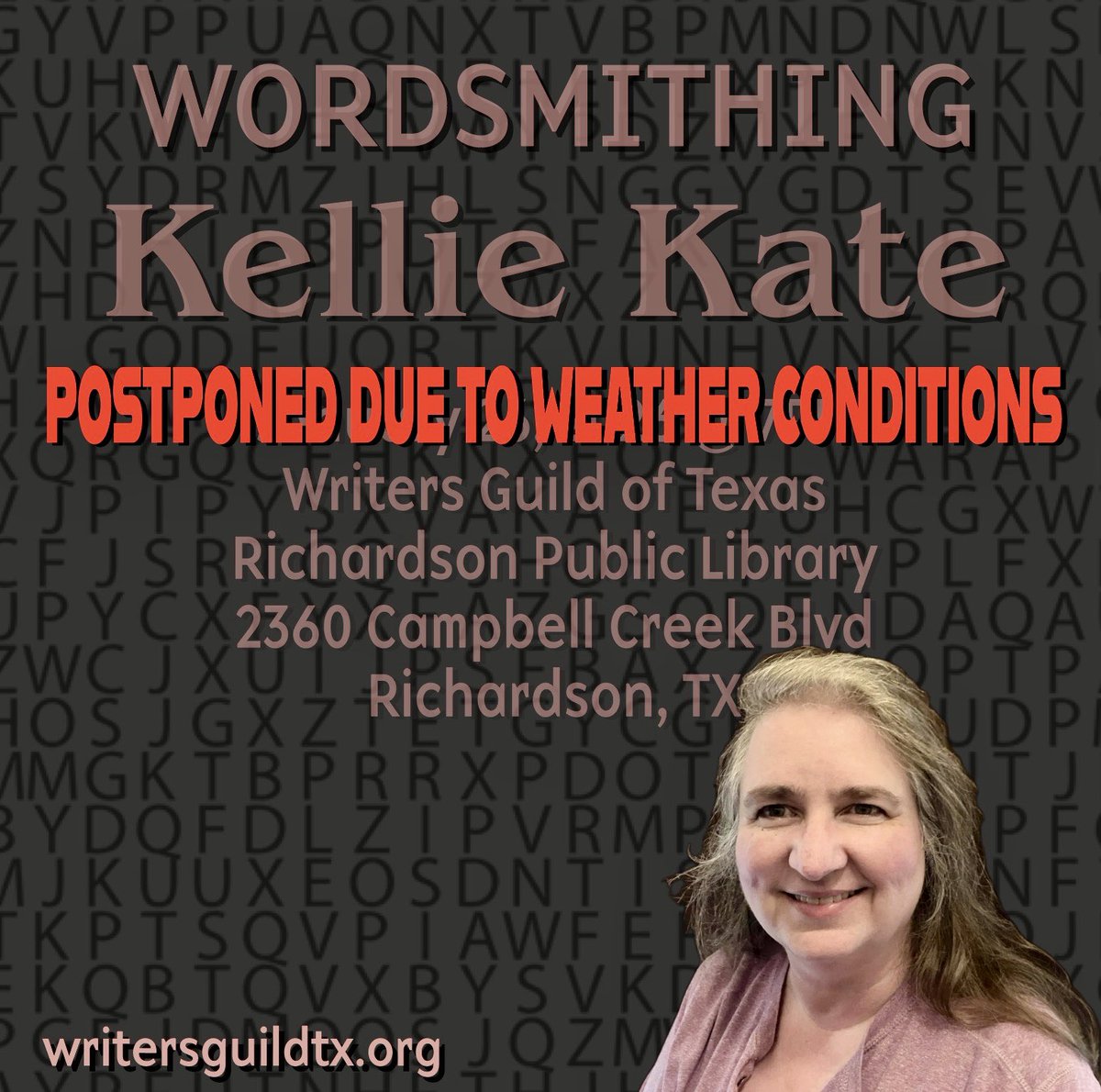 ❄️MEETING POSTPONED DUE TO WEATHER CONDITIONS❄️

KELLIE KATE—WORDSMITHING

Writers Guild of Texas
Richardson Pub. Lib.
2360 Campbell Creek Blvd
Richardson, TX

I finish my novel. What’s next?
 
Wordsmithing- discuss the when, why, what, and how of five types of editing.