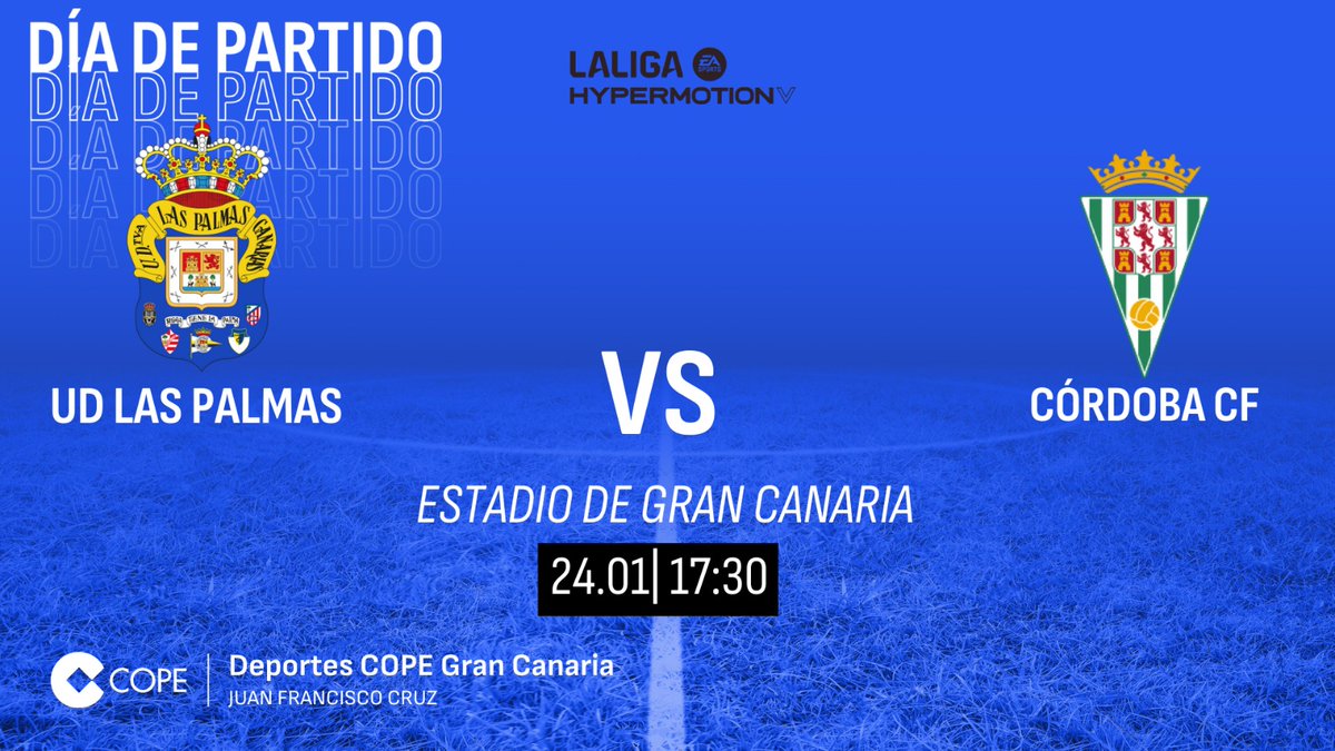 🟡🔵 ¡Este sábado hay fútbol!

⚽ <a href="/UDLP_Oficial/">UD Las Palmas</a>
⚽ <a href="/CordobaCF_ofi/">Córdoba CF</a>

🕒17.30 horas en <a href="/CopeCanarias/">COPE Canarias</a>  
  
🎙️<a href="/juanfrancruzcar/">Juan Francisco Cruz</a>
🎙️<a href="/DoramasRguez/">Doramas Rodríguez</a>

🎤 <a href="/javi_sanchez_p/">javi sanchez</a>
🎤 <a href="/tiferanvalido/">tiferan valido barri</a>
🎤 <a href="/JosemiAlamo/">José Miguel Álamo</a>

📻103.0 102.9 (sur) 98.3 (Lanz)
💻cope.es/emisoras/canar…