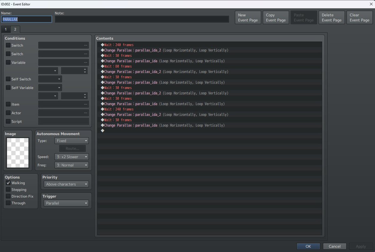 Labrallie's tweet image. I initially wanted to use a plugin to play the background as a video so that it would be animated, but it didn't work when I made it move.

So what I did is that I animated it manually running a Parallel event like this!