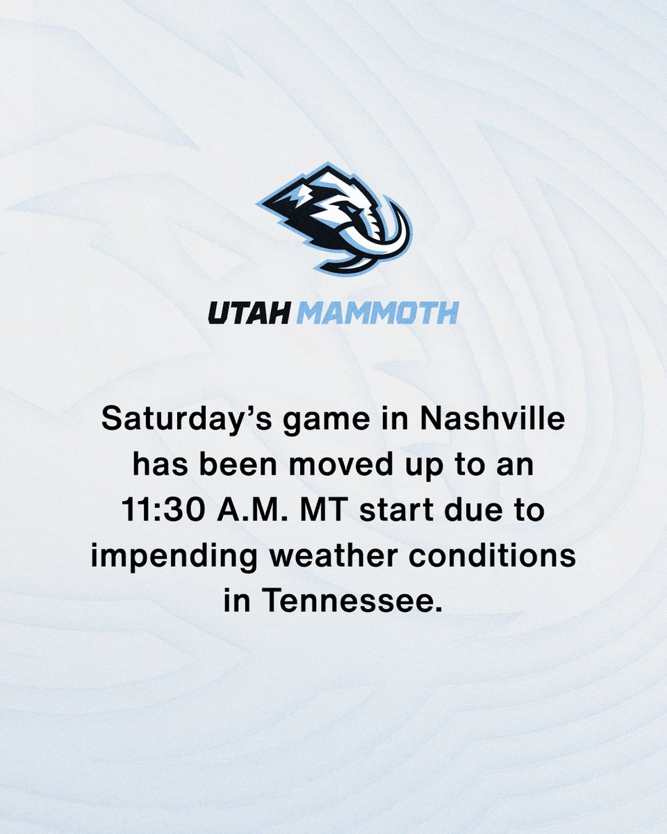🔔 GAME UPDATE 🔔 

Tomorrow’s game versus the Nashville Predators has been moved to 11:30AM MT. 

The game was originally scheduled to begin at 1:30PM MT.

Fans can tune in via Mammoth+ and Utah16.