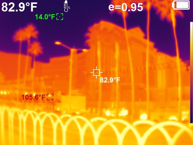 OasisScientific's tweet photo. With the impending winter storm brewing, warm up with some toasty images of the Las Vegas Strip in thermal vision. These were taken by our Vividia T-29 Handheld Thermal Camera, available for purchase here: https://t.co/rAImeLGpb6 https://t.co/0QZRLQbpcX