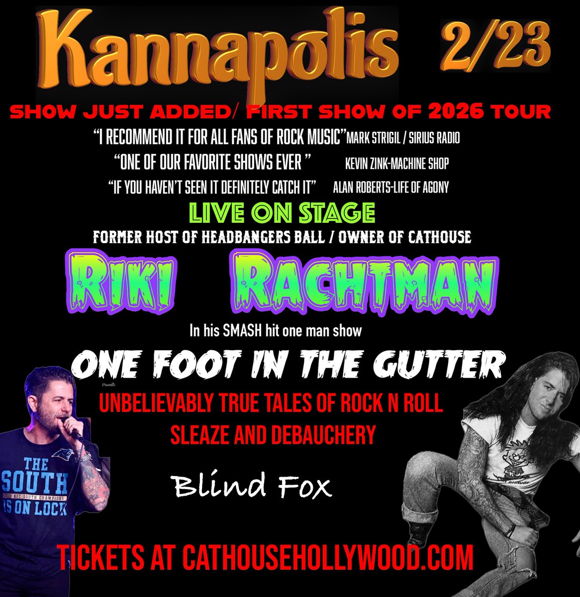 RikiRachtman's tweet photo. JUST ADDED KANNAPOLIS N.C. I'm going back on tour with my story telling show #onefootinthegutter & we are doing our warm up show in a cool speakeasy 2/23 Tickets very limited https://t.co/fGRDB0Bva4 1/2 tickets are gone already https://t.co/JPMJ1fcyGp
