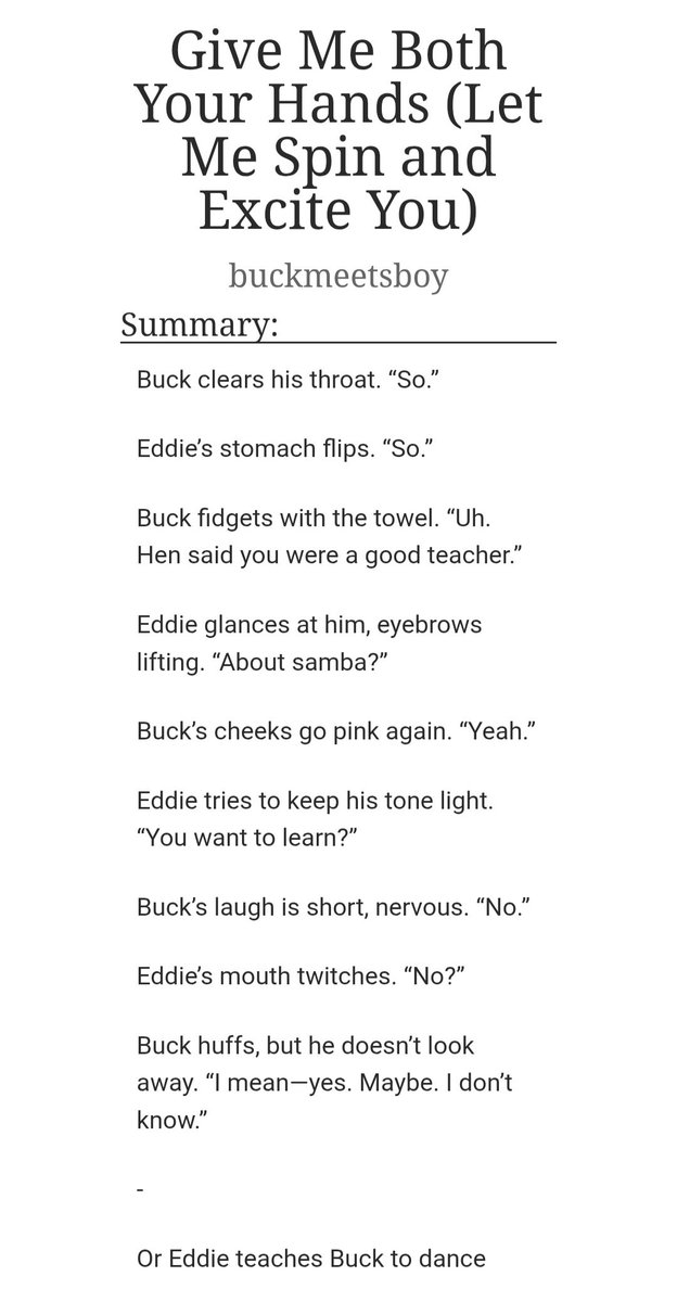 buckmeetsboy's tweet photo. ☆ Give Me Both Your Hands (Let Me Spin and Excite You)

☆ rated t, complete, 5.2k, buddie
☆ 9x09 coda
☆ eddie pov
☆ buck cooks eddie and chris dinner
☆ eddie teaches buck to dance
☆ very very very soft 
☆ for @brinasbuddie + @narisinshambles 
🔗 https://t.co/2EIvopeu0R https://t.co/eiKXQBUinp
