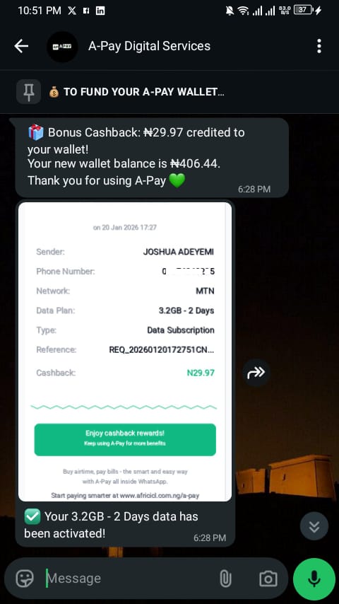 _afric_'s tweet photo. You don't have to wait for 5 - 10min before you purchase airtime, data or electricity bill. 
Use @use_apayai  today, and do all this directly inside Whatsapp just by chatting with our AI. 1 https://t.co/jhhjVh4dD7