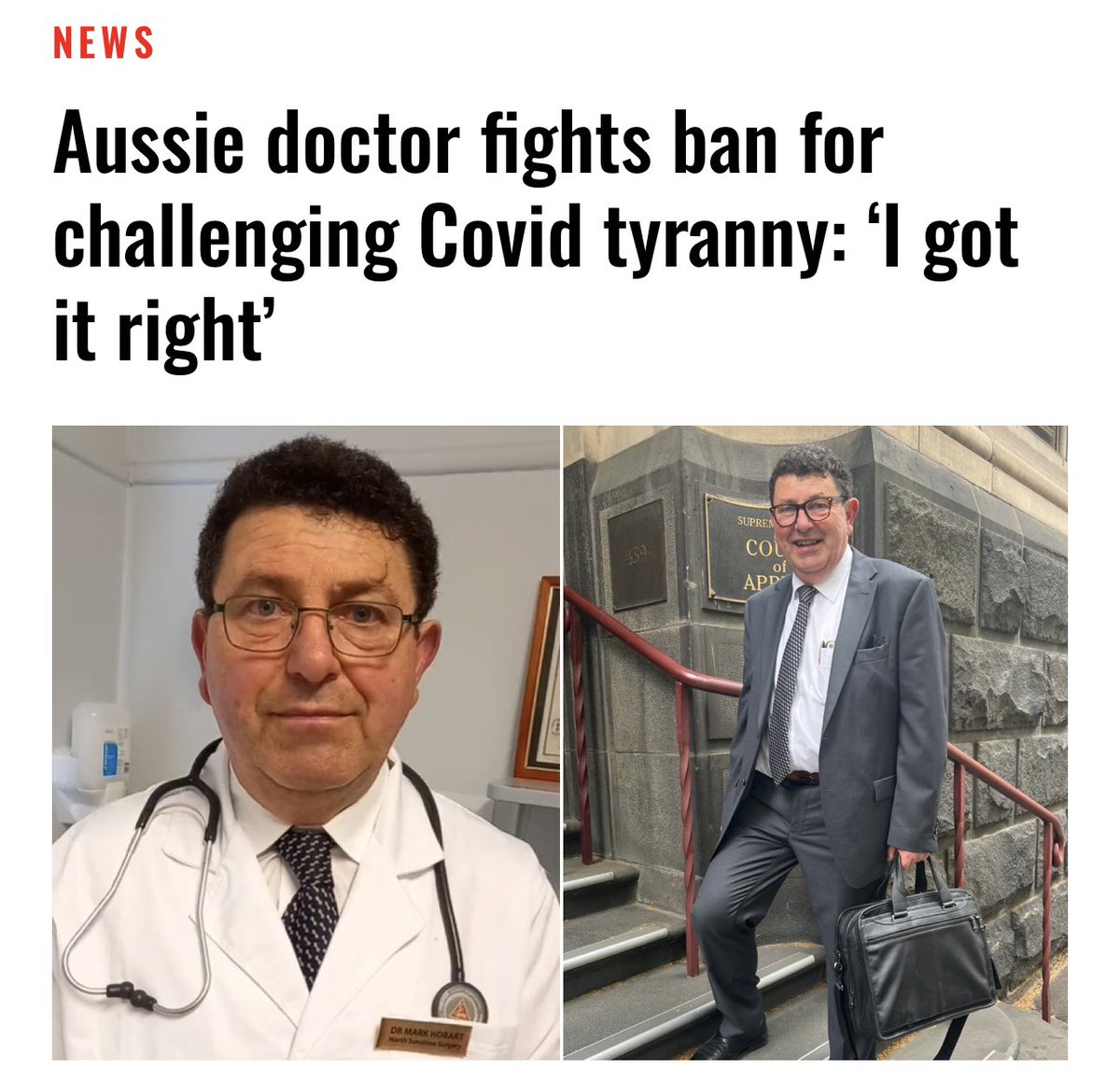 toobaffled's tweet image. 🇦🇺 A Melbourne doctor who has been suspended for almost five years for speaking out against Covid tyranny is now fighting to avoid being deregistered.

A doctor who has been suspended for more than four years for criticising Melbourne’s Covid lockdowns and warning about the risks…
