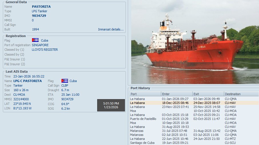 FlconEYES's tweet image. ⚓️ PASTORITA (IMO 9034729)
🚢 Tanquero LPG – gas licuado de petróleo
Otro movimiento que desnuda las prioridades de la tiranía de La Habana.

El buque PASTORITA, bajo control directo del
👉 @PartidoPCC, zarpó desde #Matanzas cargado con unas 18 mil toneladas de combustible, con…