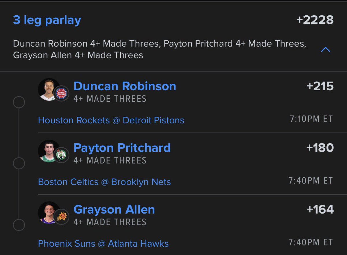 _PropDoctor's tweet image. 3s Lotto 🏀

Steeping them up to 5 threes as well

• Duncan Robinson +4

• Payton Pritchard +4

• Grayson Allen +4

#GamblingX #NBA #NBABet