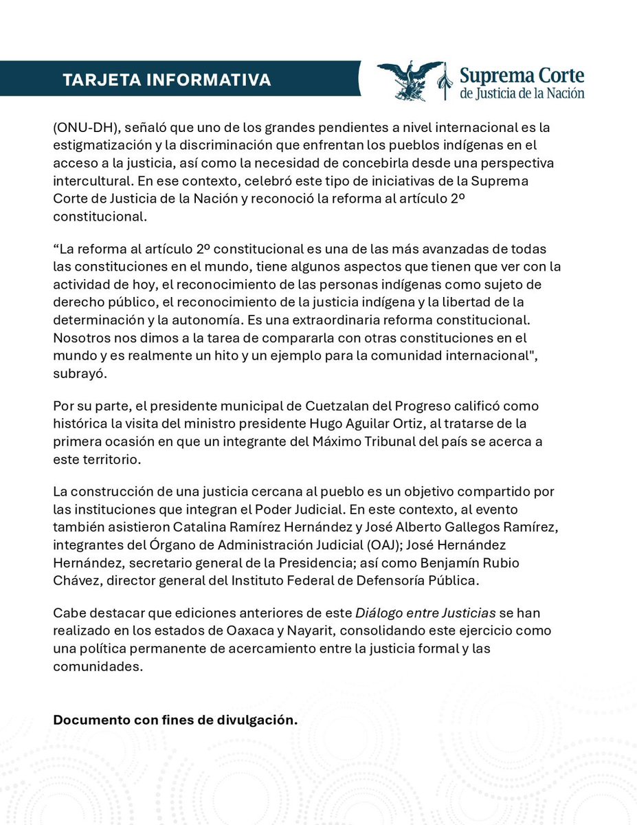 Tarjeta Informativa | La #scjn realizó la tercera edición del Diálogo entre Justicias, un encuentro con juezas y jueces indígenas de los pueblos Nahua, Tutunakuj, y Ngíväs de la Sierra Nororiental de Puebla, para escuchar directamente a las comunidades y sus realidades.

Aquí la