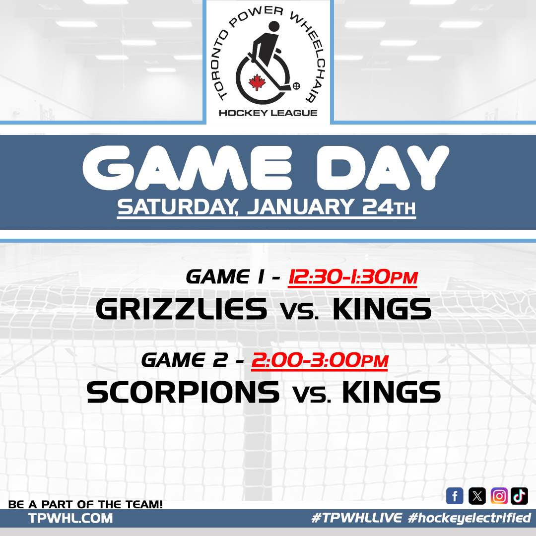 This week’s action on Jan. 24th at Sunny View P.S. KINGS are playing 2 GAMES - please plan to arrive at 12pm and leave at 3pm. Reminder – If you require any type of Assistance (i.e. transferring, toileting, etc.) MUST bring an Attendant with you! #TPWHLLIVE #hockeyelectrified