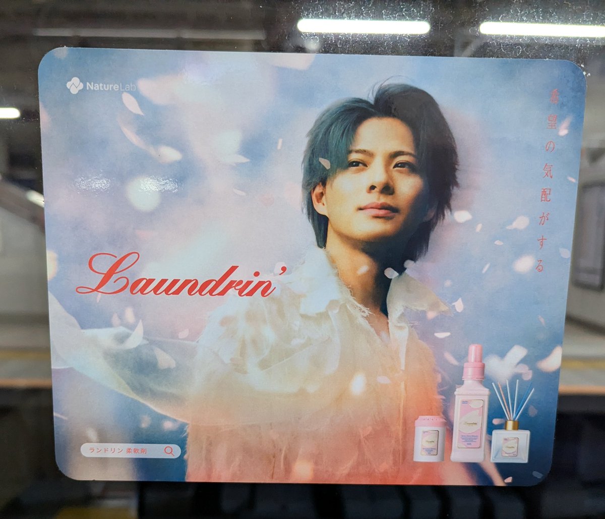 平野紫耀さんを起用した、ランドリンの広告。 電車内でステッカー広告