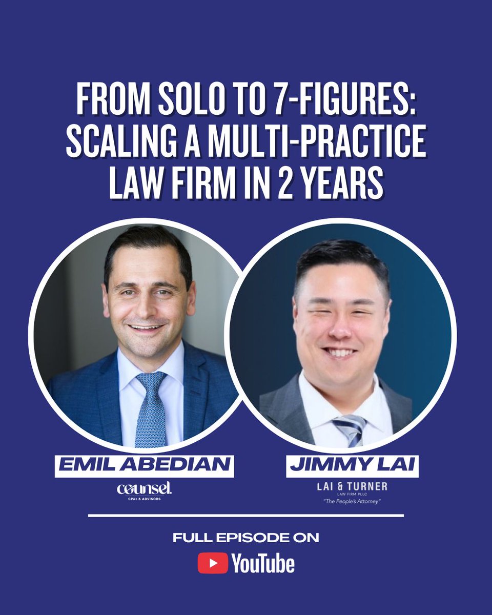 CounselCPAs's tweet photo. In our latest podcast episode, Jimmy Lai shares how he scaled his immigration law firm from solo practitioner to a multi-practice, 7-figure firm in just two years and what he’s focusing on next as he targets 8 figures.
 Watch the full episode: https://t.co/ggNzkbchKJ https://t.co/1dMDdpV1ZC