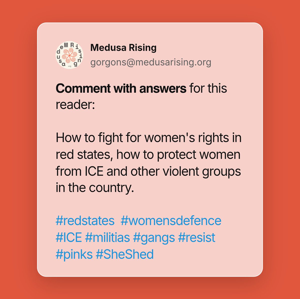 TheMedusaRising's tweet image. Help for this reader:

How to fight  for women's rights in red states, how to protect women from ICE and other violent groups in the country.

#redstates  #womensdefence #ICE #militias #gangs #resist #pinks #SheShed