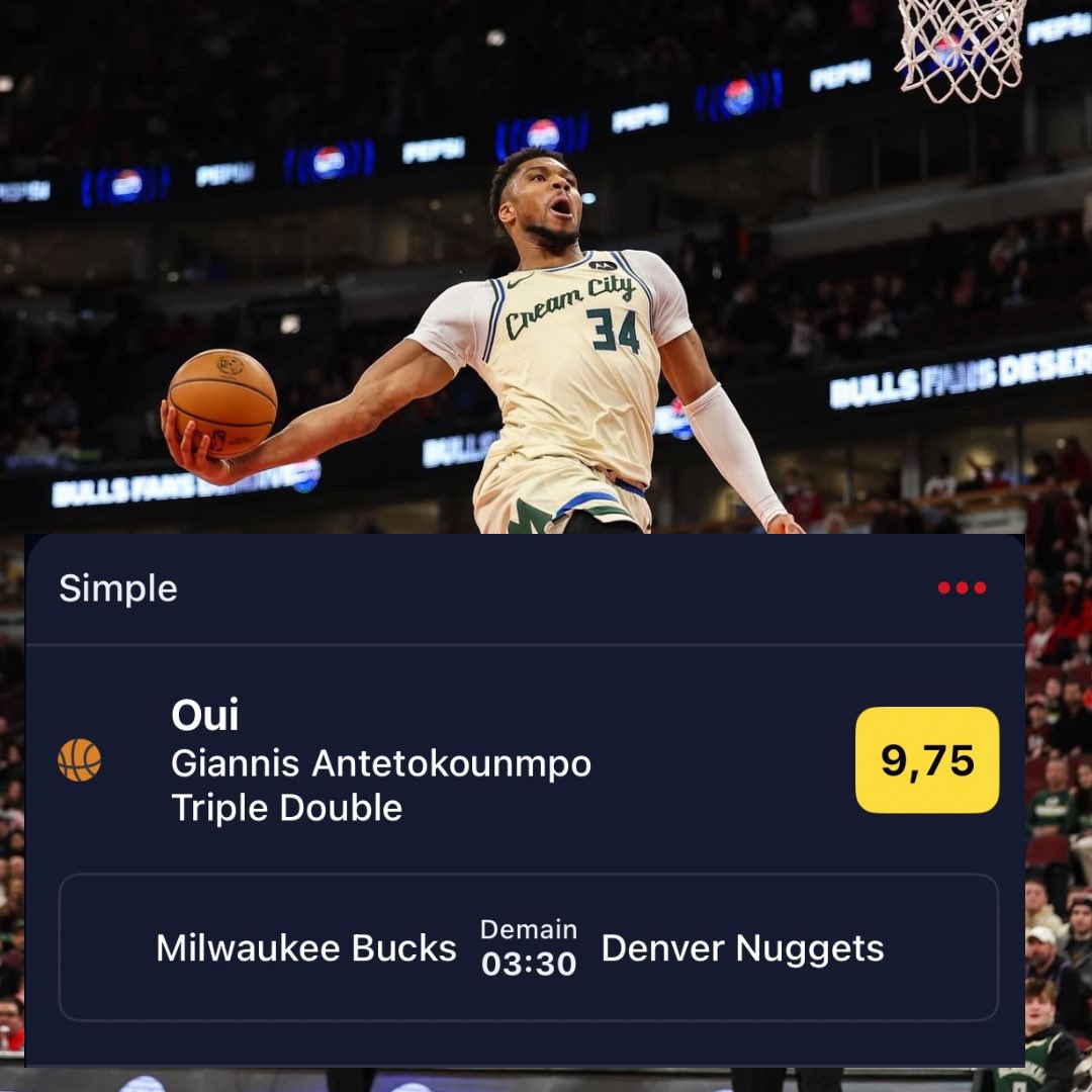 🧨"LA PERFORMANCE" DE LA NUIT🏀TRIPLE-DOUBLE TIME

❇️ Giannis Antetokunmpo triple-double @9.75 (Betclic)

📊Si on ne le prend pas ce soir face à des Denver Nuggets décimés on ne le prend jamais !
Les Nuggets sont la 2ème équipe qui concède le plus de TD de la ligue, rien que