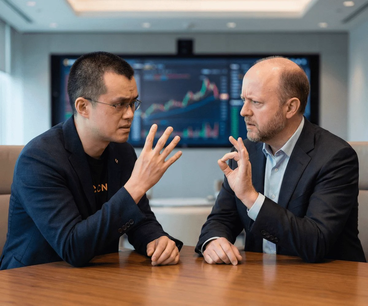 CZ and Jeremy sit at a conference table and debate, gesturing with hands, a large screen showing cryptocurrency charts behind them. Image is AI generated.