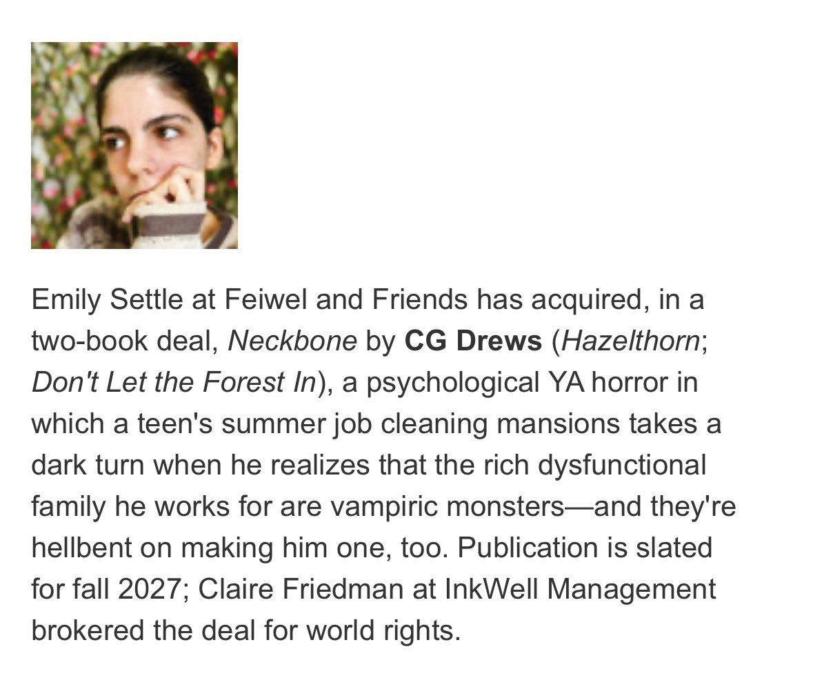 SECRET NEWS REVEAL!! hope you’re ready for me to haunt your bookshelves forever because I’m super excited to announce my next book deal!! Introducing my next YA Horror, NECKBONE. Coming Fall 2027 (and another to come in 2028) so freaking stoked right now 😭