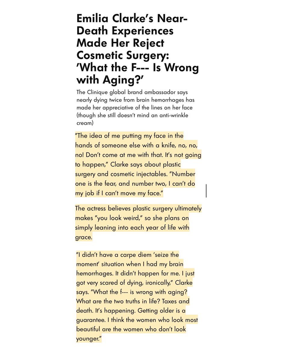 HQEmiliaClarke's tweet photo. “I’m not someone who's ever going to want to go in and get serious stuff done on my skin. […] I can't do my job if I can't move my face. What the f--- is wrong with aging? I think the women who look most beautiful are the women who don't look younger.” — Emilia Clarke. https://t.co/sfoU70qeBg