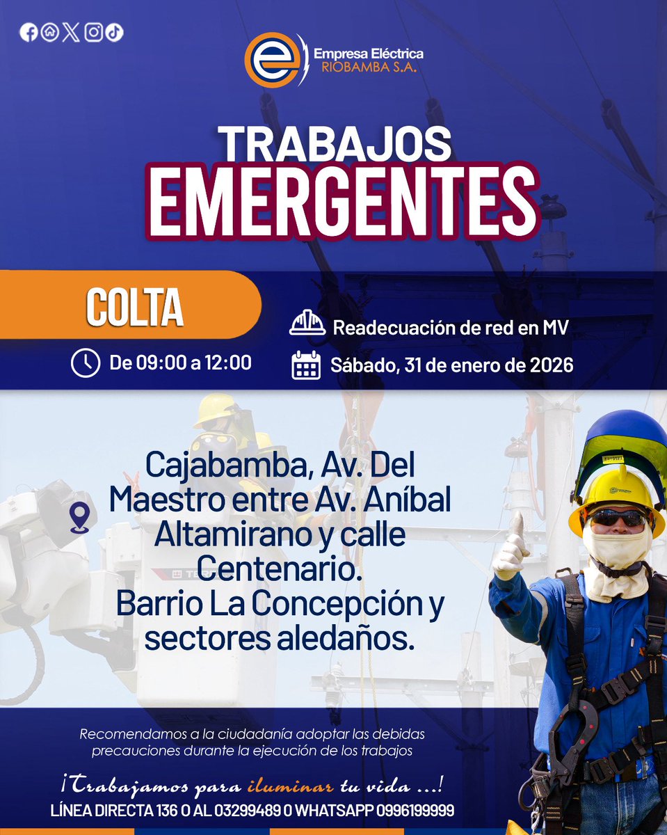 𝐓𝐫𝐚𝐛𝐚𝐣𝐨𝐬 𝐞𝐦𝐞𝐫𝐠𝐞𝐧𝐭𝐞𝐬⚠️🔧 | El 24 de enero, nuestro equipo técnico realizará intervenciones en el cantón #Colta⚡💡
Agradecemos su comprensión mientras realizamos estas labores🛠️👷‍♂️.