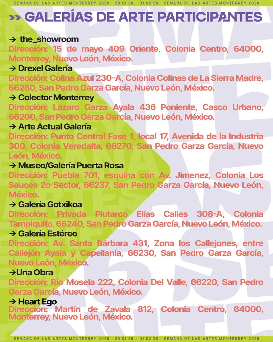 Galerías de arte participantes en la Semana de Las Artes Monterrey 2026 >