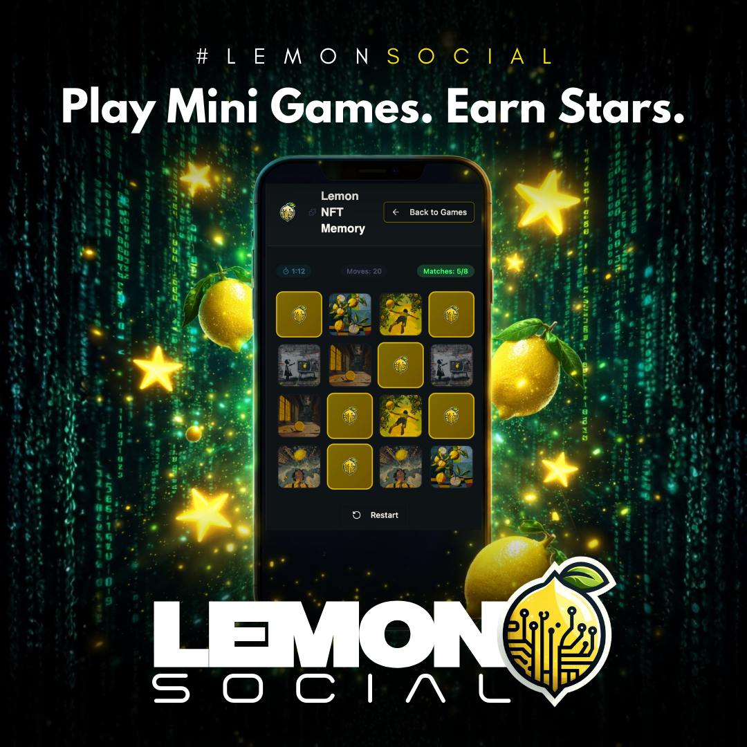 PoweredByLemon's tweet photo. The Lemon Social NFT Art Memory Game has been a hit! Featuring OG Lemon NFT Art, this Lemon Social Mini Game has been keeping users busy. New Mini Games are dropping soon. Get on Lemon Social. #lemonsocial #lemonart #lemonOG https://t.co/RRsSISBq5b