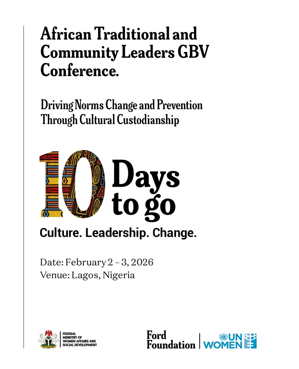 PNewstide's tweet photo. African Traditional and Community Leaders are set to converge in Lagos in just 10 days for a pivotal GBV Conference, spotlighting the power of culture, leadership, and collective action. 

February 2-3, 2026 | Lagos, Nigeria

 #CultureForChange #AfricanCustodiansEndGBV https://t.co/hmKrmG32mh