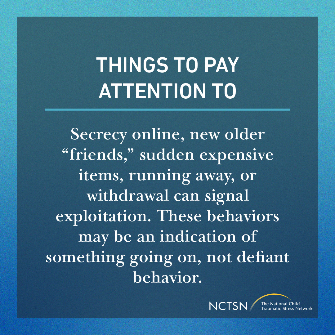 nctsn's tweet image. Traffickers maintain control through intimidation, false promises, isolation, emotional manipulation, or threats. Have ongoing conversations with children about what they are doing and who they are talking to online. Learn more: bit.ly/4puGxah 

#TraffickingPrevention