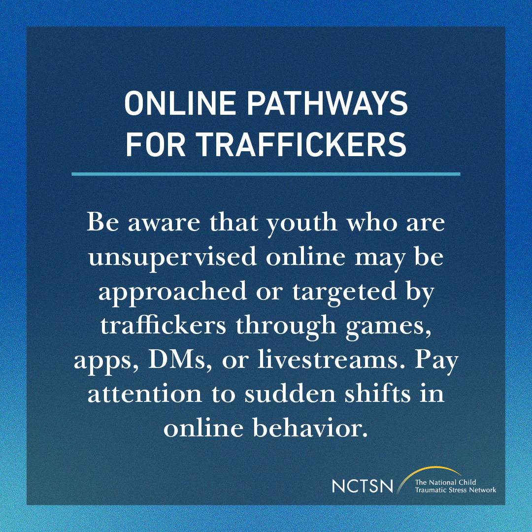 nctsn's tweet image. Traffickers maintain control through intimidation, false promises, isolation, emotional manipulation, or threats. Have ongoing conversations with children about what they are doing and who they are talking to online. Learn more: bit.ly/4puGxah 

#TraffickingPrevention