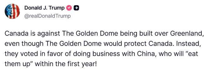 US trade with China: $582.5B USD
(Representing 10.9% of total US trade)

Canadian trade with China: $86.2B USD
(Representing 7.9% of total Canadian trade)

The US trades more with China - and Trump himself is trying to negotiate a trade deal with China.

Data sources in thread.