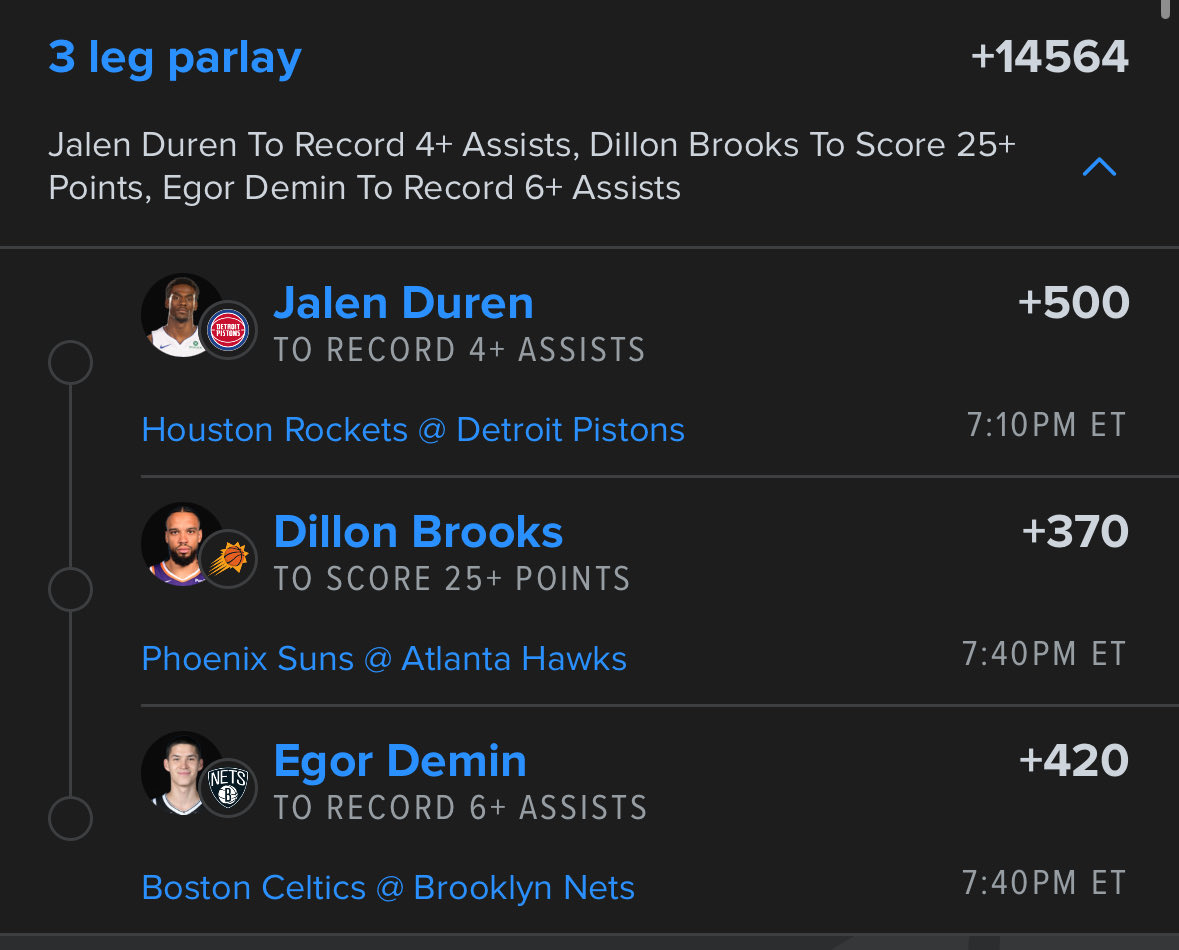 Last NBA Lotto of the night. 

Love the looks here, using <a href="/TommyLocks21/">TommyLocks 💎</a> sheets for the reads. Crediting him for the first two legs. 

Let’s win some $ (+14564)

🔘 Jalen Duren 4+ AST
🔘 Dillon Brooks 25+ PTS
🔘 Egor Demin 6+ AST