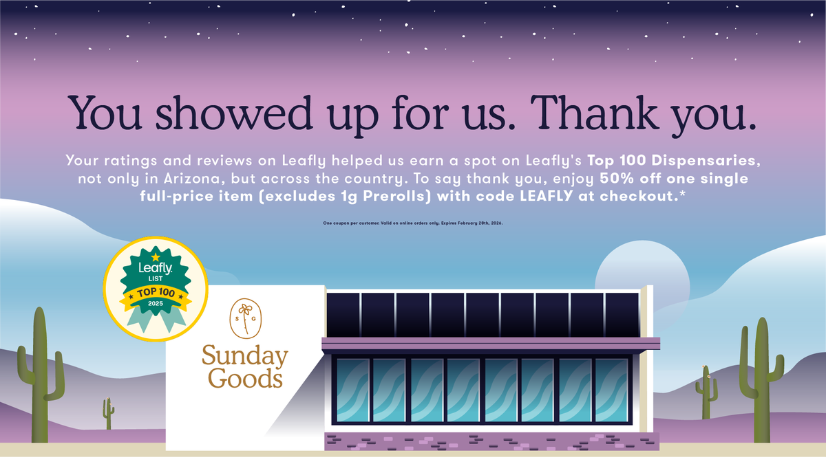 Thank you, <a href="/Leafly/">Leafly</a> + our feel good fam. We wouldn't be here without you. Use code LEAFLY at sundaygoods.com for 50% 1 Full-Price Item (excl. 1g Prerolls).