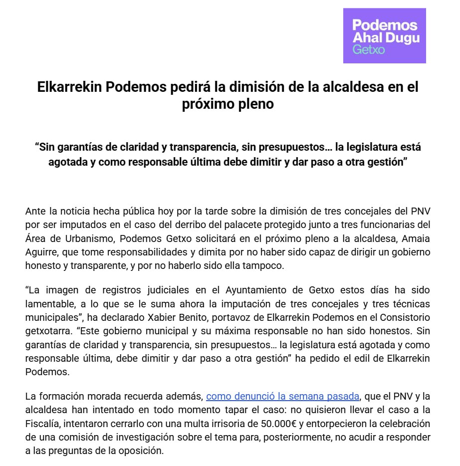 Ante la noticia de la imputación y dimisión de tres concejales del PNV, solicitaremos la dimisión de la Alcaldesa en el próximo pleno municipal.

Sin garantías de claridad y transparencia y con un gobierno paralizado durante meses y sin presupuestos, debe dimitir.

👇👇