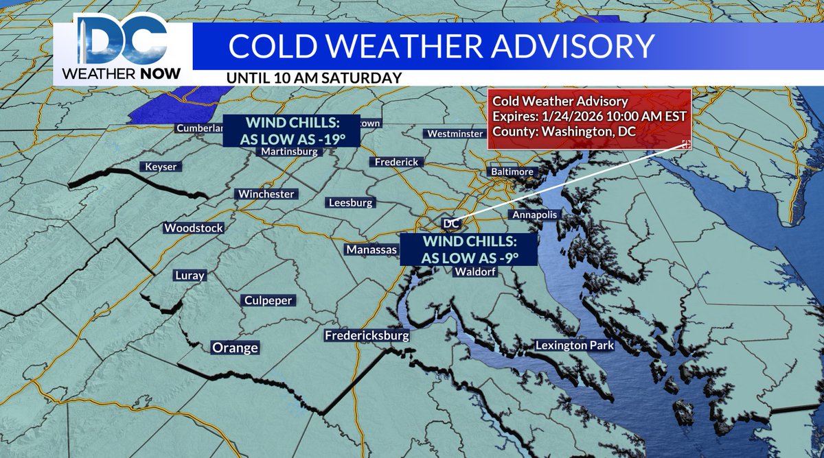 WeatherJackie's tweet image. 8pm Friday: Cold Weather Advisory in effect until 10 am Saturday. Wind chills will drop below zero, as low as -9° around DC, to at least -15° for areas along the I-81 corridor. It will be dangerously cold overnight, especially if you're not properly bundled up. #LayerUp
