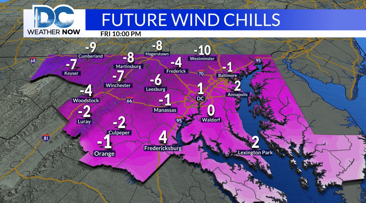 WeatherJackie's tweet image. 8pm Friday: Cold Weather Advisory in effect until 10 am Saturday. Wind chills will drop below zero, as low as -9° around DC, to at least -15° for areas along the I-81 corridor. It will be dangerously cold overnight, especially if you're not properly bundled up. #LayerUp