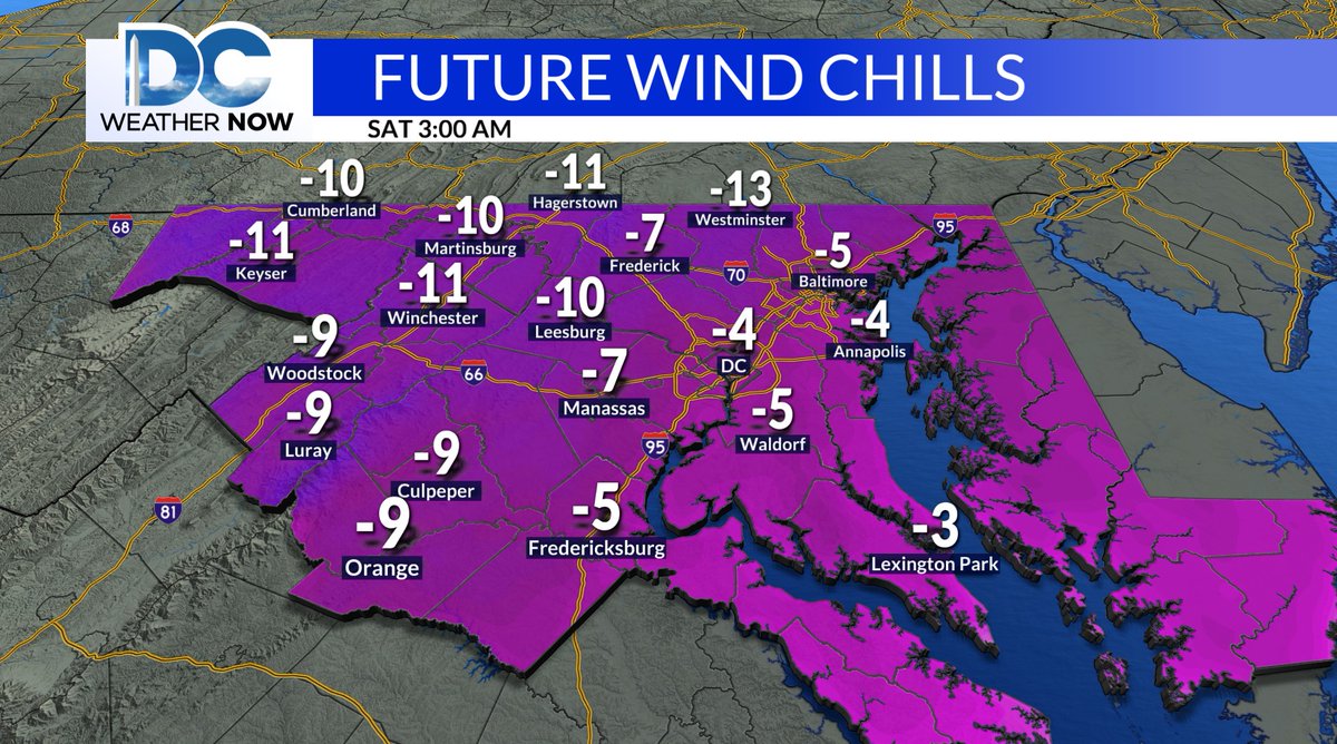 WeatherJackie's tweet image. 8pm Friday: Cold Weather Advisory in effect until 10 am Saturday. Wind chills will drop below zero, as low as -9° around DC, to at least -15° for areas along the I-81 corridor. It will be dangerously cold overnight, especially if you're not properly bundled up. #LayerUp