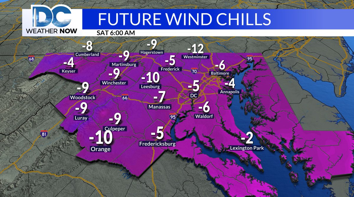 WeatherJackie's tweet image. 8pm Friday: Cold Weather Advisory in effect until 10 am Saturday. Wind chills will drop below zero, as low as -9° around DC, to at least -15° for areas along the I-81 corridor. It will be dangerously cold overnight, especially if you're not properly bundled up. #LayerUp