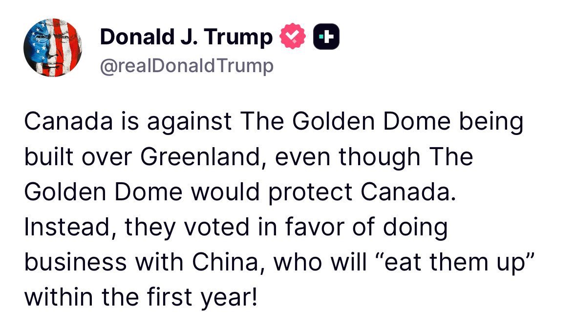 😂😂😂😂😂😂😂😂
Fuckface is still butthurt over Mark Carney’s standing ovation at Davos. Cry harder bitch, we’ve moved on.

PS. Take your Golden Dome and fuck all the way off.