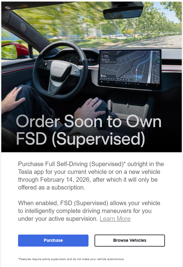 mehulpatel471's tweet photo. Got this email from @Tesla to purchase FSD (Supervised) outright. Can someone clarify if this purchase will: 
1. Allow my car to drive autonomously without supervision whenever the feature is fully developed and regulators allow it?
2. Ability to add my Tesla to Robotaxi network https://t.co/Mu8RQ7SvnI