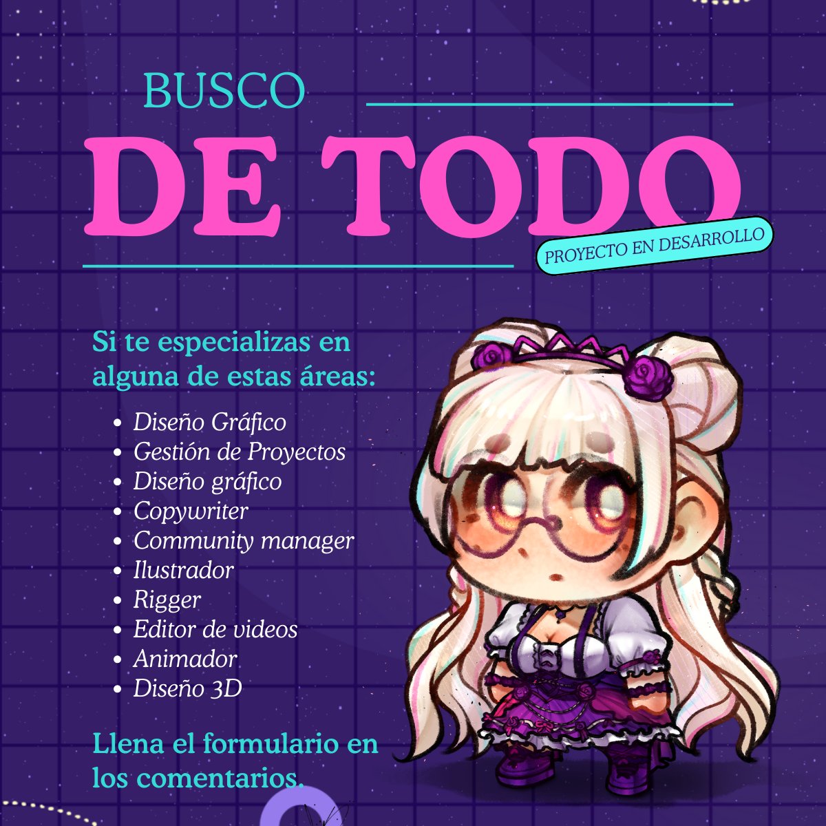 📢 BUSCO DE TODO (literal)
Creativos y gente que sabe hacer cosas raras en la compu y que ama lo que hace.
Estoy trabajando en un proyecto y necesito una base de colaboradores para proyectos creativos remunerados.
Si te interesa, deja tus datos aquí en el form del comentario.⬇️