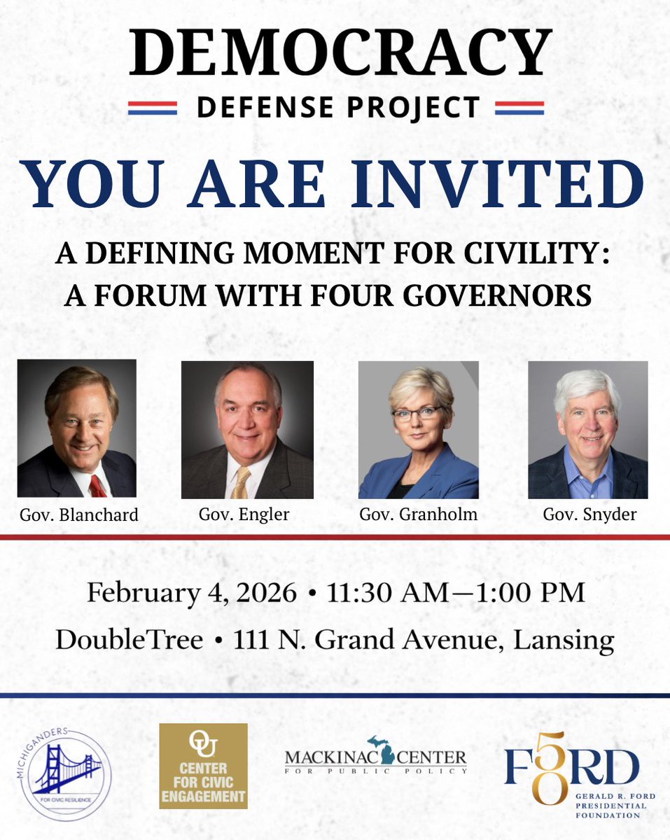 The <a href="/DemoDefenseProj/">Democracy Defense Project</a> invites you to a special event about civility in politics featuring Governors Engler, Snyder, Blanchard, and Granholm on February 4th. 

RSVP here: micivic.org/event/
