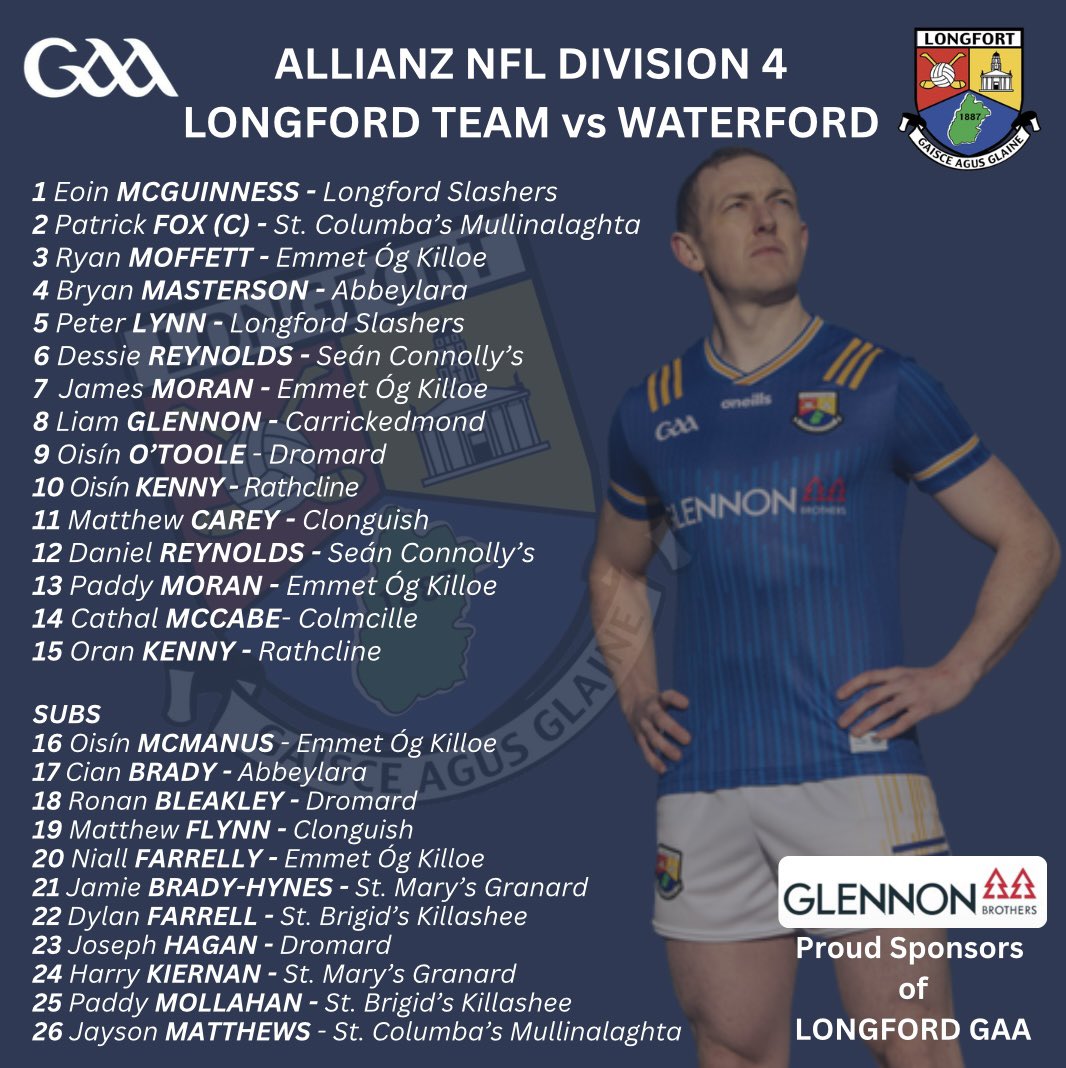 OfficialLDGAA's tweet photo. 📢FOOTBALL TEAM ANNOUNCEMENT 📢 

The Longford Senior Football Team for Round 1 of the Allianz NFL against Leitrim has been named by manager Mike Solan!

Best of Luck to team and management🏐

⬜️🟦Waterford v Longford🟦🟨

📆 24th January 2026
🕣 14:30
📍 Cappoquin Logistics Fraher Fields

‼️ADAVANCED TICKET SALES ONLY‼️

Get yours at:

➡️ https://t.co/F9Gw5GRVzZ and click on the match graphic on the home page💻

➡️ Maxol/Centra Ballymahon

➡️ McGrath’s Centra, Red Cow Roundabout, Longford

Longford GAA �� Proudly sponsored by @GlennonBrothers