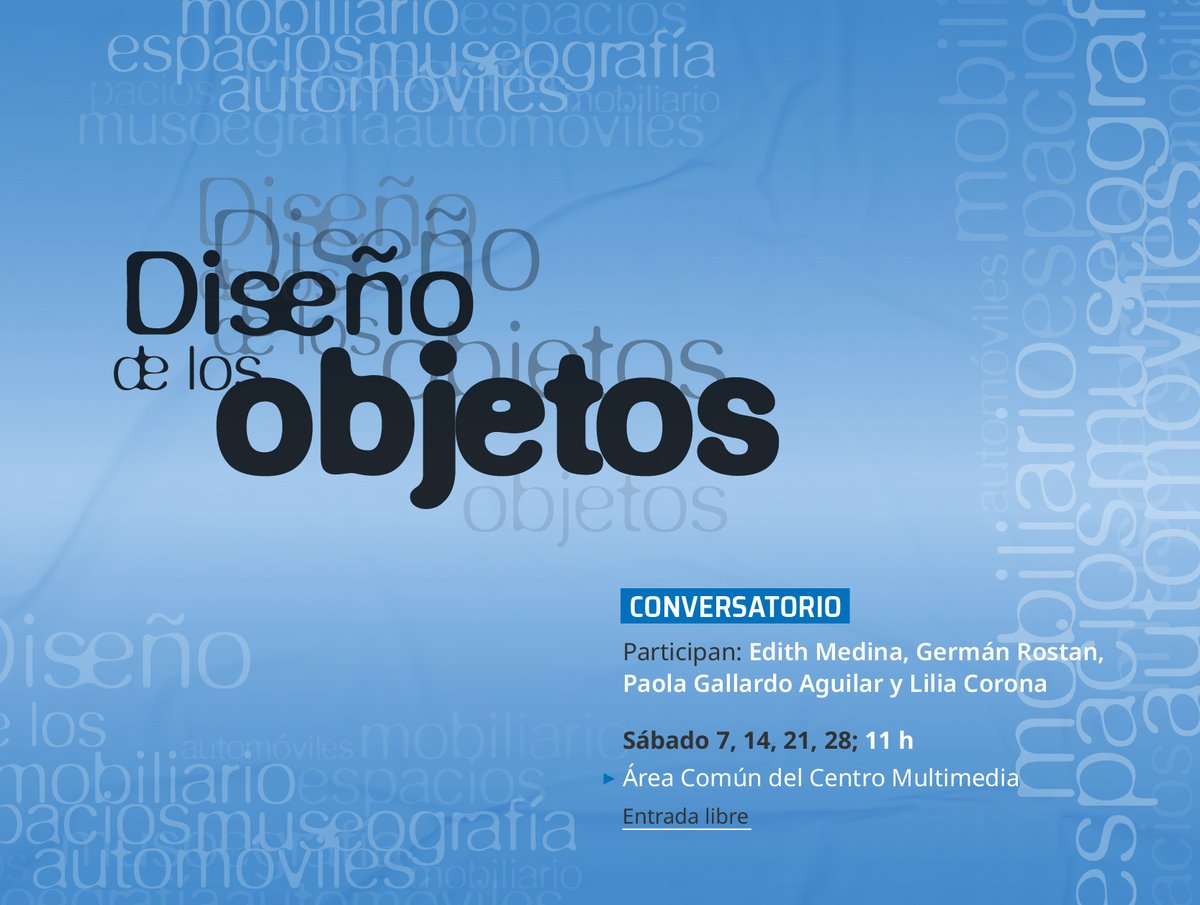 🧠 Pensar el diseño más allá del objeto: su impacto cultural, tecnológico y cotidiano.

Este ciclo invita a reflexionar sobre la relación entre lo humano, la tecnología y la vida material.

🔍 Consulta la programación del Centro Multimedia: 
cmm.cenart.gob.mx/actividades.php