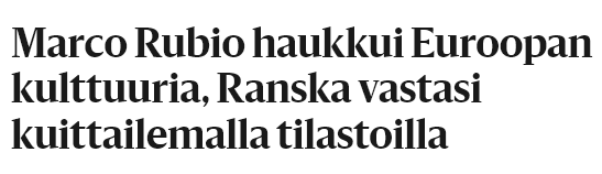 DEuutiset's tweet photo. Hesari otsikoi tarkoituksella harhaanjohtavasti
Sillä pari riviä myöhemmin voidaan lukea: "Euroopan on luovuttava viimeisen kymmenen vuoden aikana luomastaan kulttuurista. Muuten se tuhoaa itsensä.”
Ja tuossa Rubio on aika lailla totuuden ytimessä
#journalismi #valemedia #hs https://t.co/ErmCpeSTrF