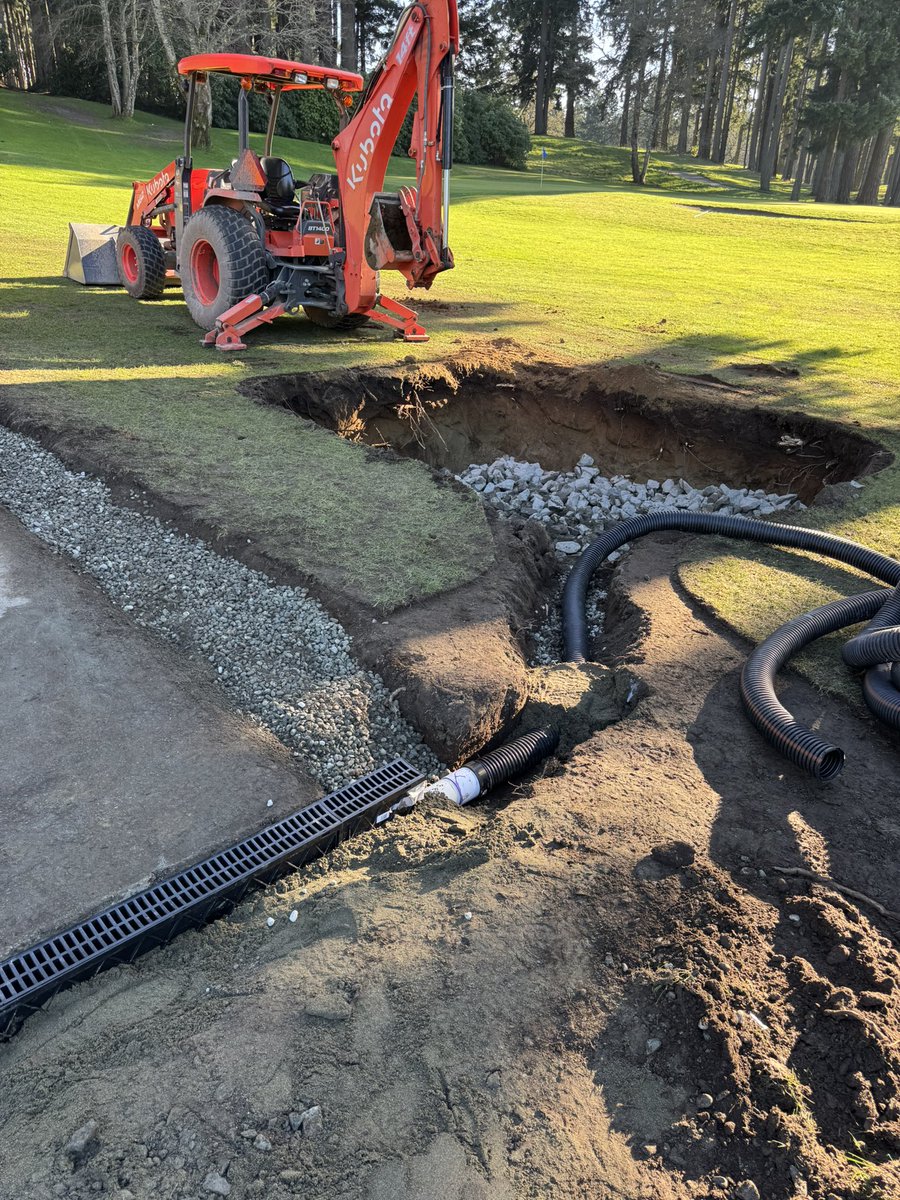 _lehman01's tweet photo. The course may be closed but projects continue at lighting speed; 
10T catch basins + rock pit installed 
15 path catch basin &amp; outlet 
17T  catch basin, perf drainage pipe, &amp; rock pit 
2, 6, 14, 15, &amp; 16 cart path resurfacing 
13/14 Fir tree cluster canopy lift 
@RoyalColwoodGC https://t.co/8pGSWOtVcm