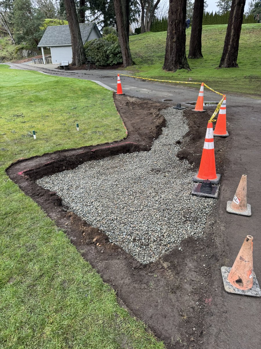 _lehman01's tweet photo. The course may be closed but projects continue at lighting speed; 
10T catch basins + rock pit installed 
15 path catch basin &amp; outlet 
17T  catch basin, perf drainage pipe, &amp; rock pit 
2, 6, 14, 15, &amp; 16 cart path resurfacing 
13/14 Fir tree cluster canopy lift 
@RoyalColwoodGC https://t.co/8pGSWOtVcm