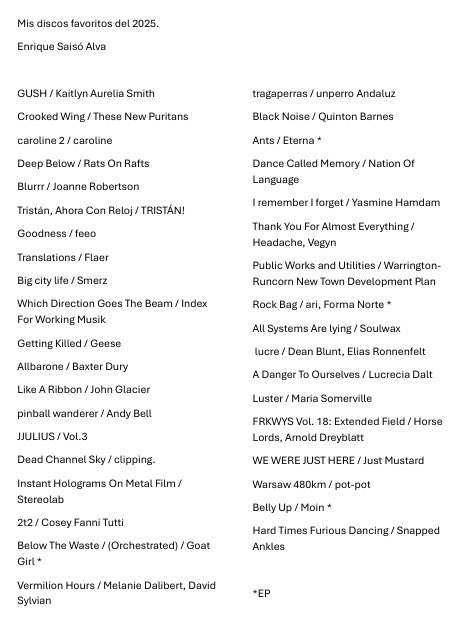 ESAISO's tweet image. Hola.
El 2025 fue un muy buen año para la música, algunas agrupaciones o músicos reconocidos presentaron nuevos discos y también surgieron nuevas propuestas de artistas nuevos que iluminarán el futuro musical. Les dejo una lista de 37 discos que fueron mis favoritos del 2025.