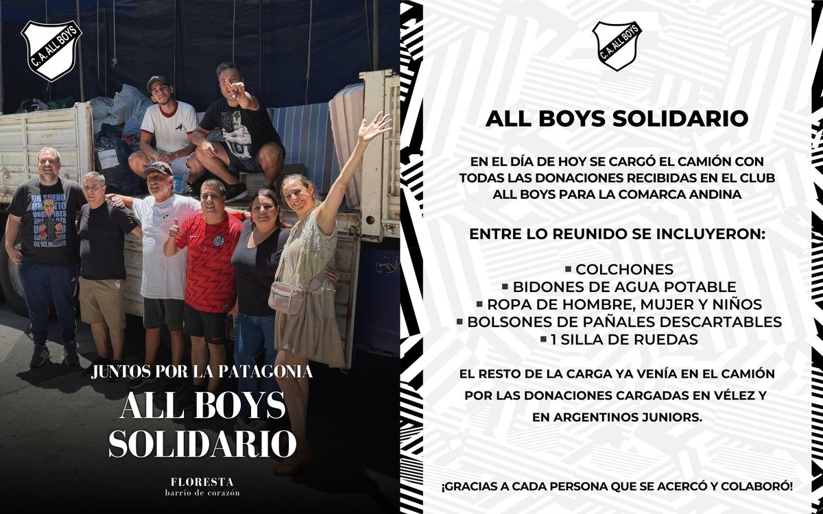 ✨️ JUNTOS POR LA PATAGONIA

🚚 Las donaciones ya están en camino

🤝 Desde Floresta, el corazón de All Boys volvió a demostrar que la solidaridad también juega en equipo.

📣 En el marco de la convocatoria de All Boys Solidario – Juntos por la Patagonia, el camión que