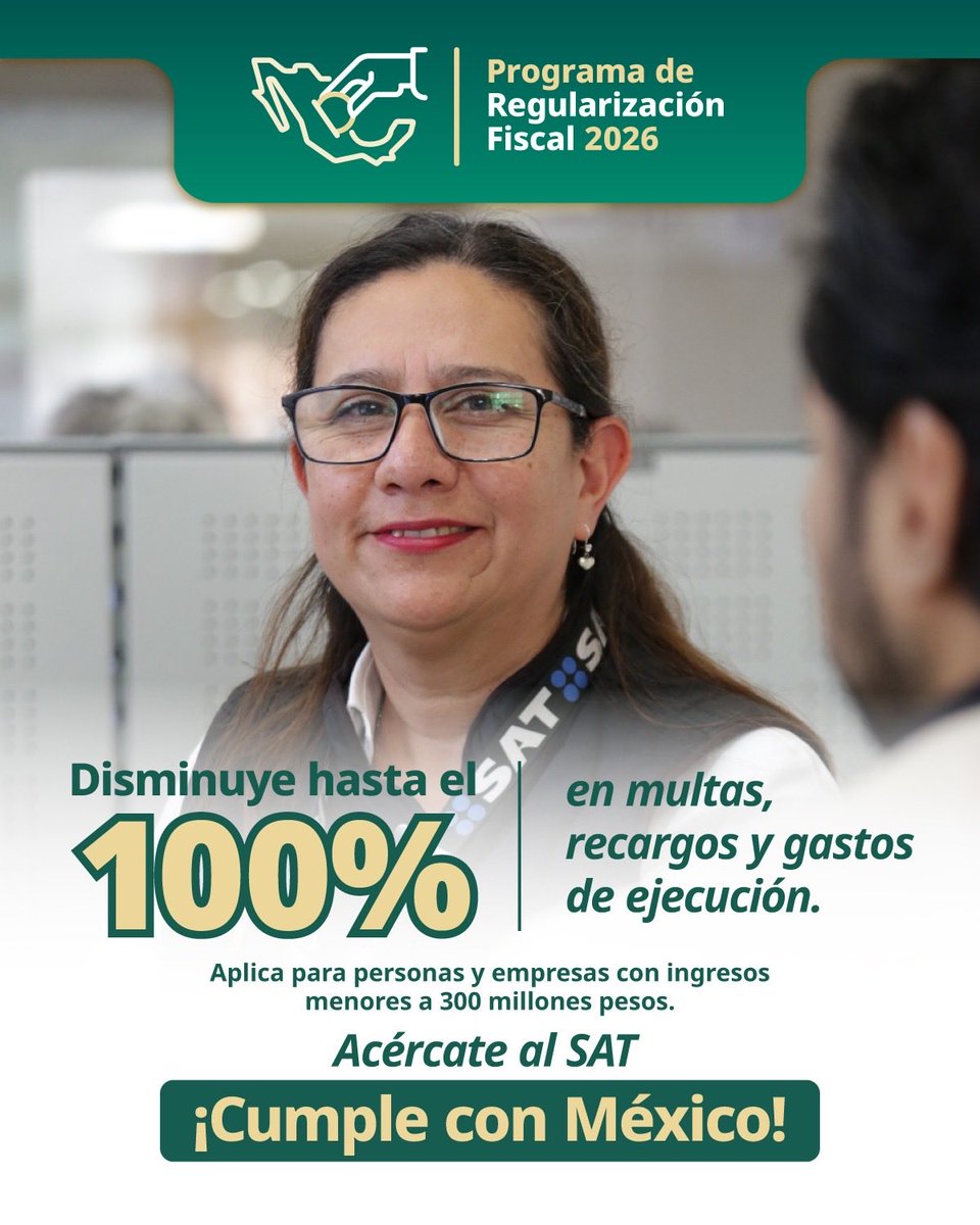 SATMX's tweet image. ✅ ¡Aprovecha el programa de Regularización Fiscal 2026 y ponte al corriente!

🔗 Conoce más información en el minisitio: sat.gob.mx/minisitio/Regu…
